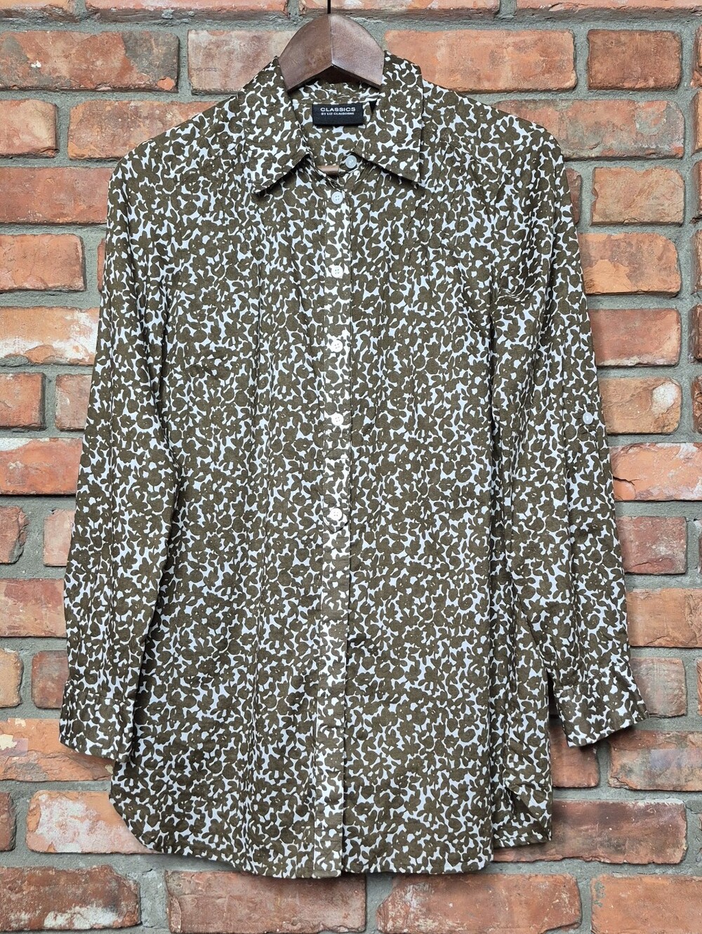 Liz Claiborne Classics Brown Floral Button Front Longline Shirt Blouse Tailored